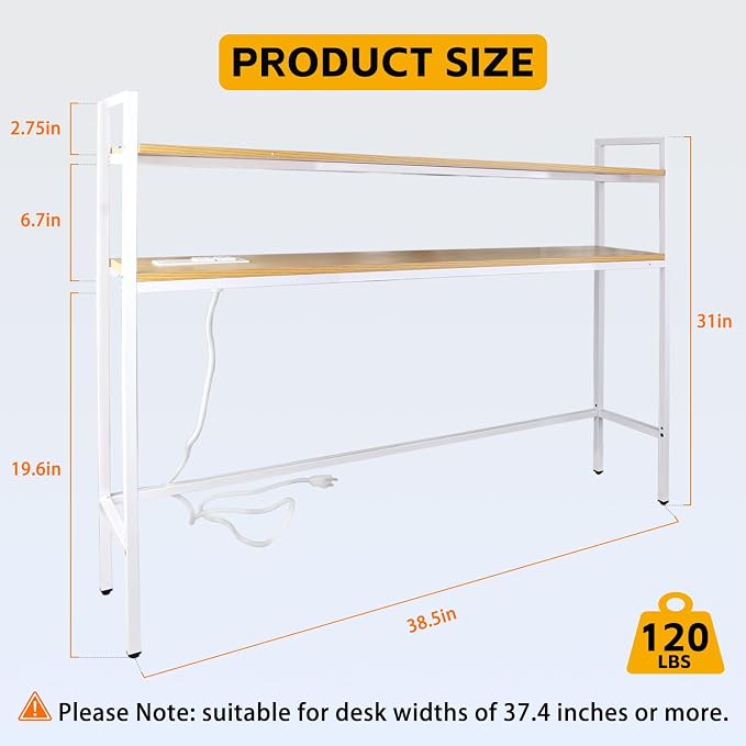 38.5" Desk Shelf with Outlets, 2-Tier Adjustable Multipurpose Engineered Wood Organizer Desk Hutch, Office Storage Rack, Desktop Shelf Organizer for Dorm,Office Home(Nature)