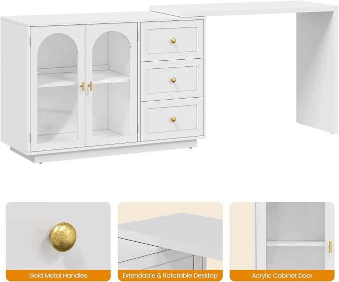RoyalCraft 83” Large Makeup Vanity Desk, White Corner Vanity Table with 3 Drawer & 2 Door, Modern Extendable Dressing Table, Vanity Dresser Combo for Bedroom, Dressing Room (Without Mirror)
