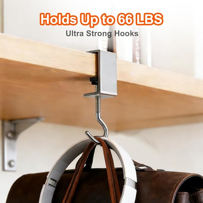 8 Pcs Desk Hook, Adjustable Shelf Hooks Heavy-Duty Table Hook Clamp Metal Desk Hanger Hanging Bag Backpack Headphones, Tool-Free Installation Desktop Mounting Hook (Sliver 8 Pcs)
