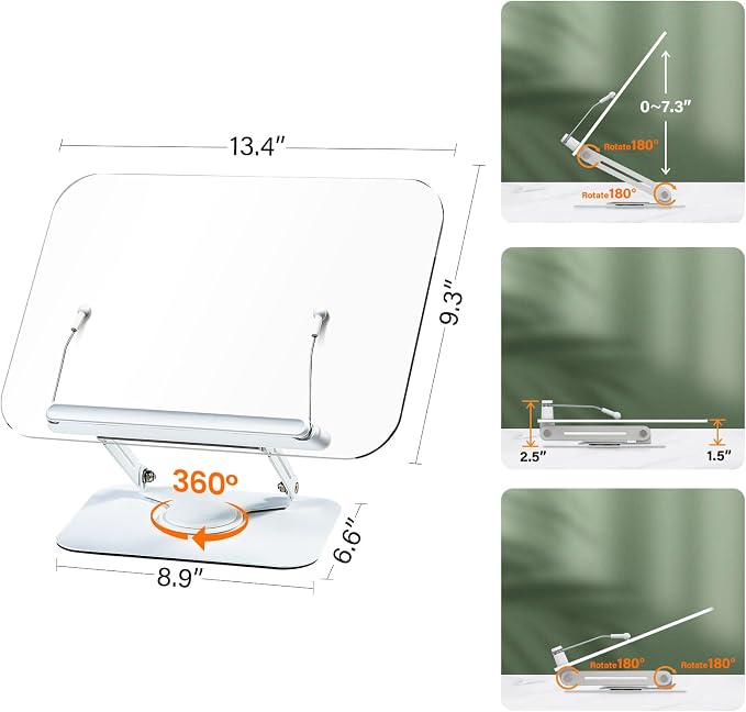 BYMECOST Acrylic Book Stand for Reading, Adjustable Book Holder with 360° Rotating Base & Elastic Page Clips, Foldable Desktop Riser Stand for Cookbook,Laptop,Tablet,Music Scores,Recipe,Textbook