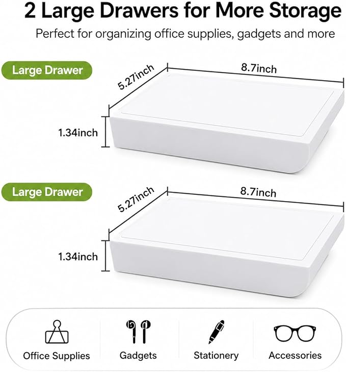 YOOUSOO Under Desk Drawer Organizer, 2 Pack Self Adhesive Slide Out Desk Storage Drawers, Hidden Desk Drawer Attachment for Pens, Notes, Earbuds, Cables and Small Office Accessories, White