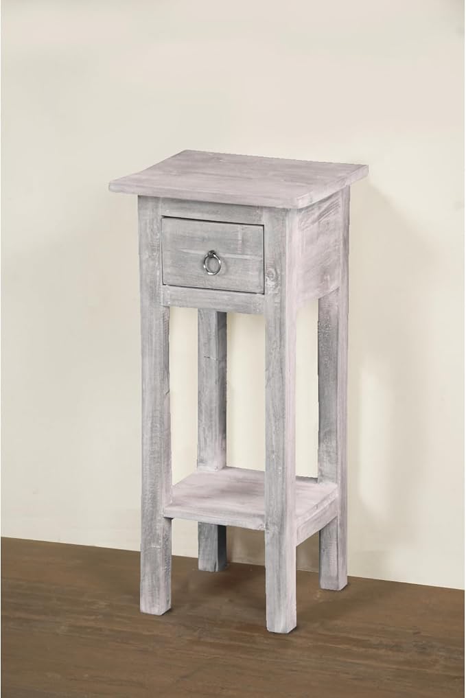 HomeStock Two-Tier Side Table with Drawer - Fully Assembled Narrow End Table Distressed Light Gray