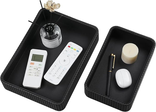 Desk Organizer Tray, PU Leather Nightstand Organizer Perfume Valet Tray for Men Women, Decorative Vanity Trays Trinket Dish Key Bowl for Entryway Table (2pcs, Black, Large+Small)