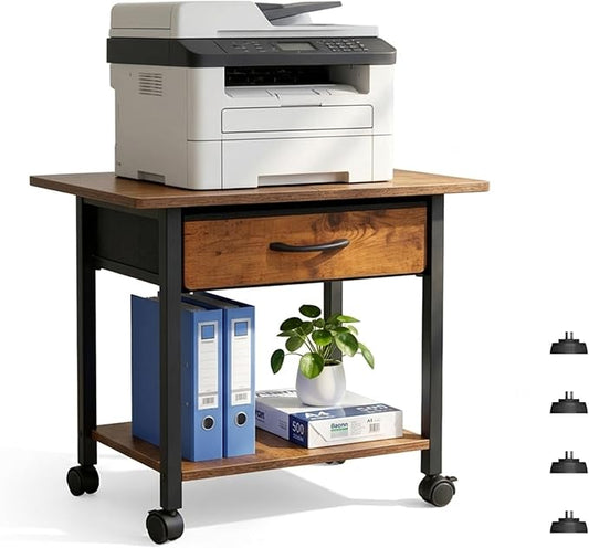 22" x 15" Under Desk Rolling Printer Stand, 2-Tier Industrial Mobile Printer Table with Strong Fabric Drawer,Storage Shelf, Steel Frame and Lockable Wheels, Printer Cart for Home Office (Rustic Brown)