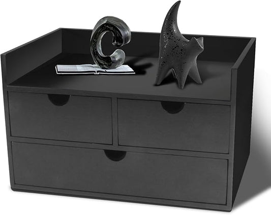 Charmewooden Desk Organizer with Drawers Countertop Drawers Organizer Tabletop Storage Organization Box Home Office Workspace Bathroom Toiletries Supplies (black with shelf)