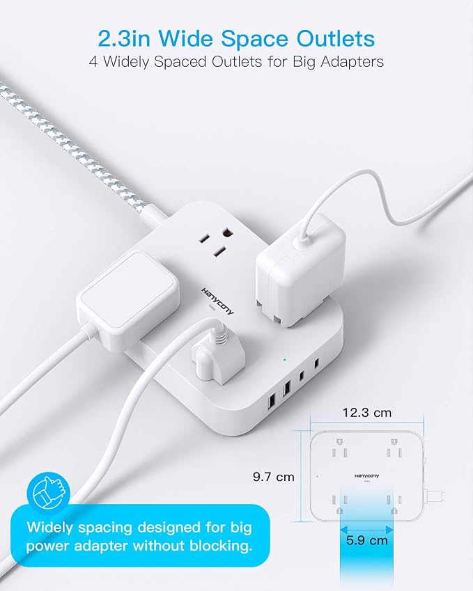Surge Protector Power Strip, HANYCONY 5Ft Extension Cord with 4 USB Ports(2 USB C), 4 Widely Outlets Extender, Wall Mount, Desk Charging Station for Office Travel College Dorm Room Essentials