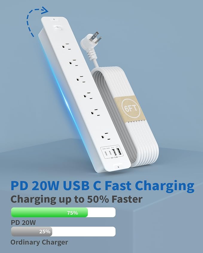 Recessed Power Strip, Flush Mount Power Strip with USB Ports, PD 20W USB C Fast Charging, 6 FT Extension Cord Surge Protector with1800J, Furniture Hidden Outlet for Side Table, End Table