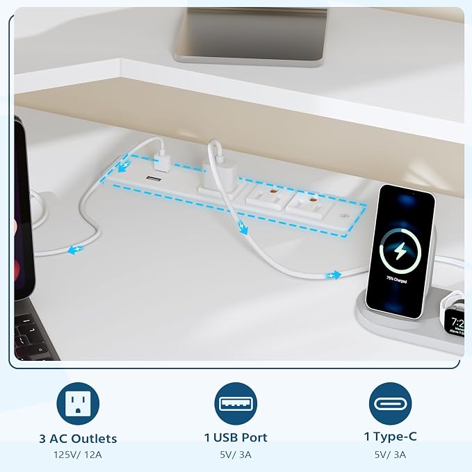 YOMILUVE Small Corner Desk with Drawers, Corner Gaming Desk with Power Outlets & Printer Shelf for Small Space, Triangle Computer Desk with LED Lights, Keyboard Tray and Monitor Stand, White