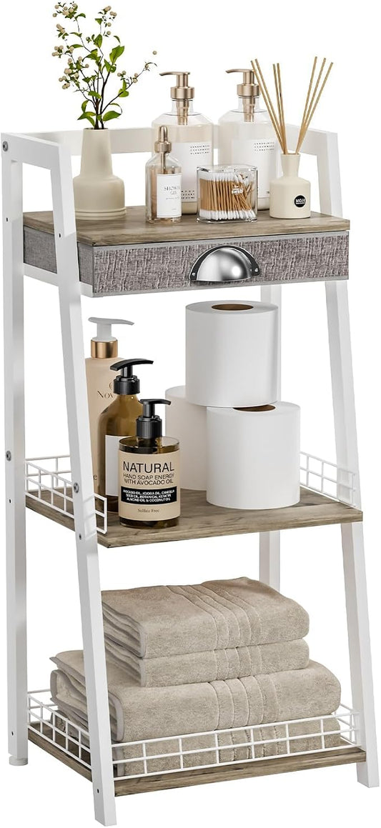 keomaisyto 3-Tier Small Bathroom Shelves with Drawer, Floor Storage Shelf, Small Bathroom Stand Rack, Freestanding Ladder Shelf for Living Room Bedroom, White