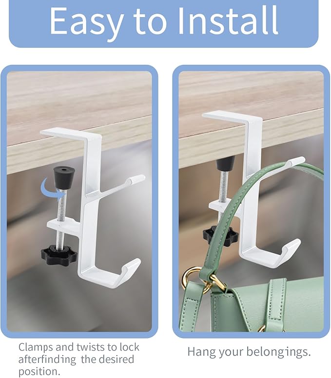 Desk Mount Bag Holder Hook Clamp-On Backpack Hanger Portable Desk Mount Headphones Holder Reduce Desk Clutter for Table Desk, Under Counter (White)