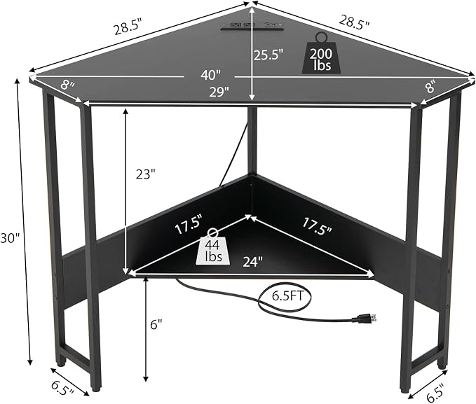Tangkula Corner Desk with Power Outlet & USB Ports, Triangle Computer Desk with Charging Station, Storage Shelf, Space Saving Writing Desk, Vanity Table, Corner Desk for Small Space (Black)