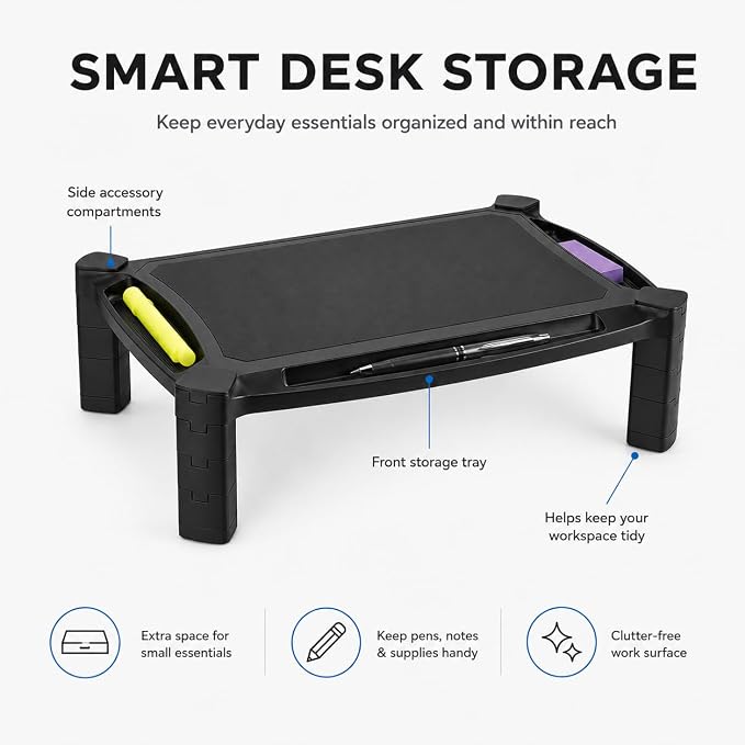 Mount-It! Monitor Stand Riser with Storage, Height Adjustable Desk Shelf for Monitor & Printer, Large 19" Platform, Fits 13–32" Screens up to 22 lbs, Desk Organizer, Black