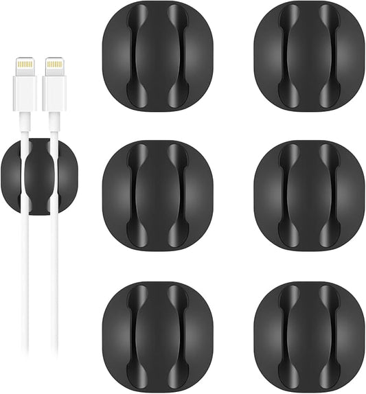 Shintop Cable Clips, 6 Pack Black Double Cord Holder Adhesive Cable Management Wire Organizer for Organizing Desk Nightstand Car Phones Chargers