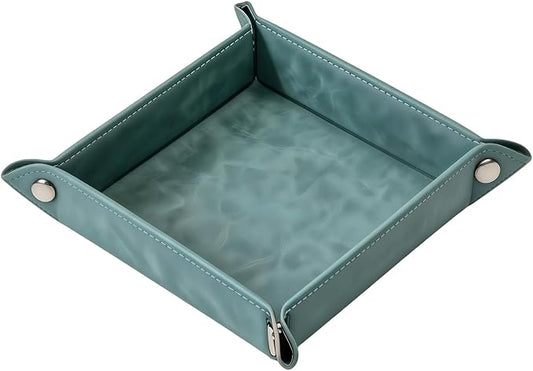 Valet Tray Desktop Storage Organizer – Vegan Leather Catchall Bedside Vanity Tray Nightstand Caddy Holder for Remote Controller, Watch, Keys, Phone, Wallet, Coin, Jewelry, Stone Green