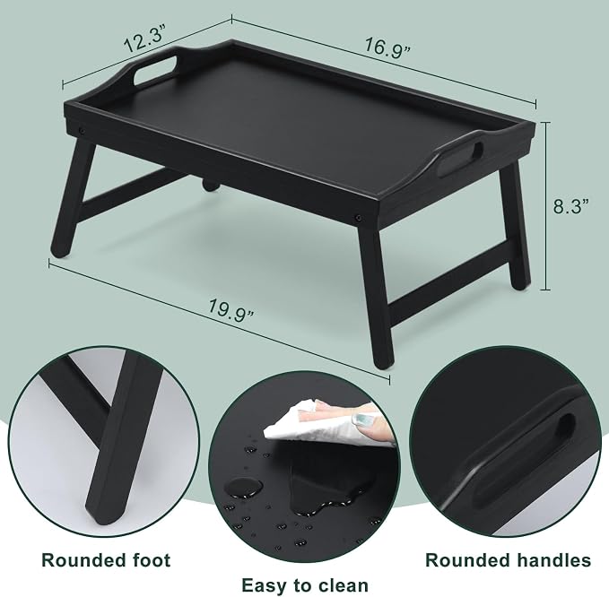 Bamboo Breakfast Tray Table with Folding Legs for Bed Table Sofa - Eating & Laptop Tray Bamboo with Folding Legs (Black)