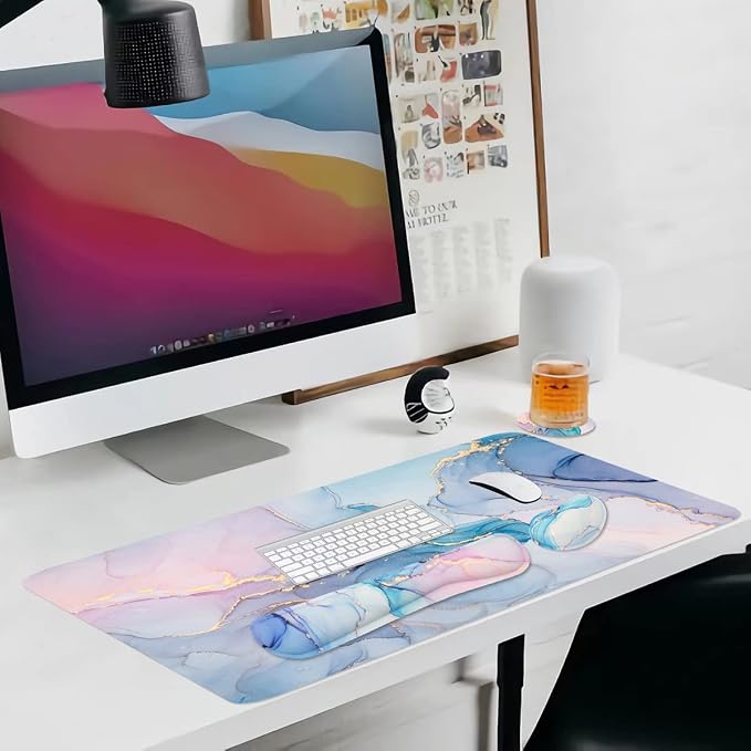 Large Mouse Pad Desk Dad, 4-in-1 Keyboard Wrist Rest Pad & Wrist Support Mouse pad Set, Extended Desk Pad Waterproof Desk Mat for Home Office Study Game-Blue Marble