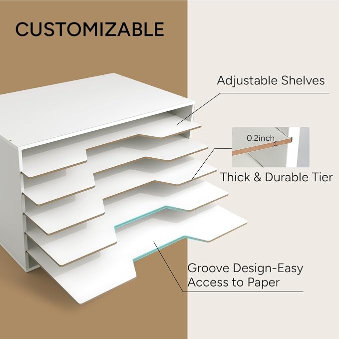 Yumkfoi 12x18 Construction Paper Organizer, Larger Size Wooden Literature Organizer, 6-Tier Desktop File Organizer for Home and Classroom, Adjustable Paper Sorter for Office