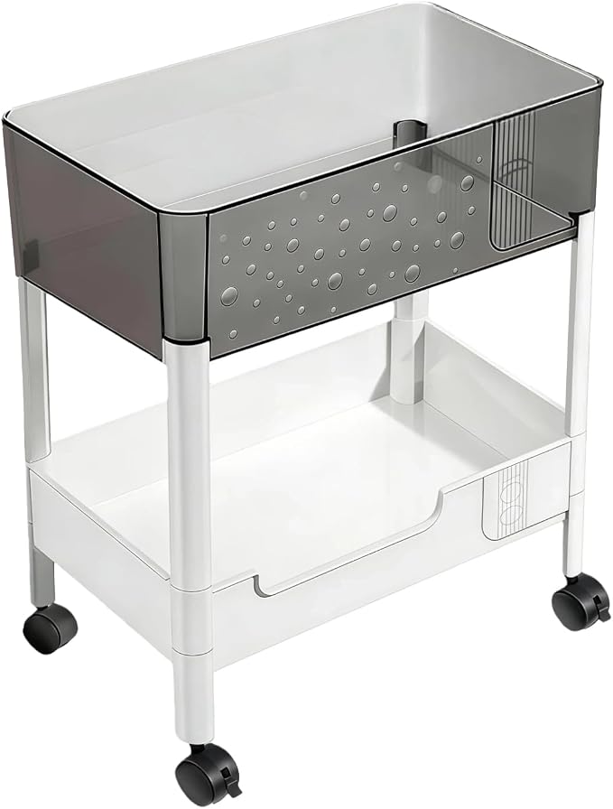 2 Tier Rolling Cart with Wheels for Under Desk Storage, Heavy Duty Plastic Short Small Utility Cart for Small Space Bathroom Vanity Makeup Organizer Pantry, 4.7'' Deep Baskets for Tall Bottles