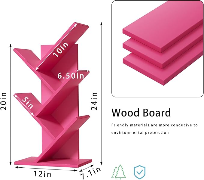 SHEEPAM 5 Tier Tree Book Shelf, Small Desktop Bookshelf with Storage Organizer, Wood Bookcase, Desk Display Bookshelves, Floor Standing Organizer Bookcases for Living Room,Bedroom,Office-Pink
