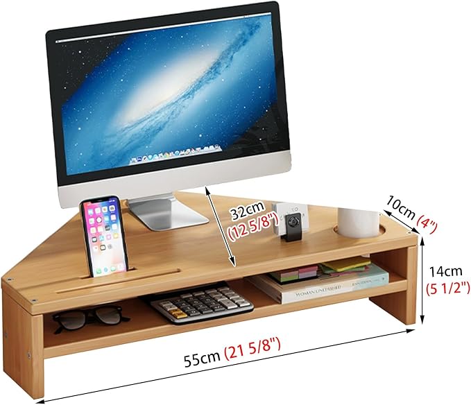 YANBI Corner Monitor Stand Office Triangle Tabletop Monitor Riser, Double-Layer Wood Corner Monitor Stand Screen Holder, Universal Computer Stand Riser with Storage (Color : Natural), 66666