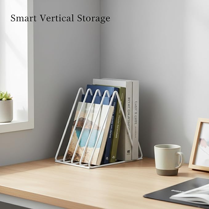 White Iron Triangle Bookshelf, Compact Corner Desk Organizer for Small Spaces, Vertical Storage Rack for Books and Decor, 7.5 x 6.3 x 7.2 Inches