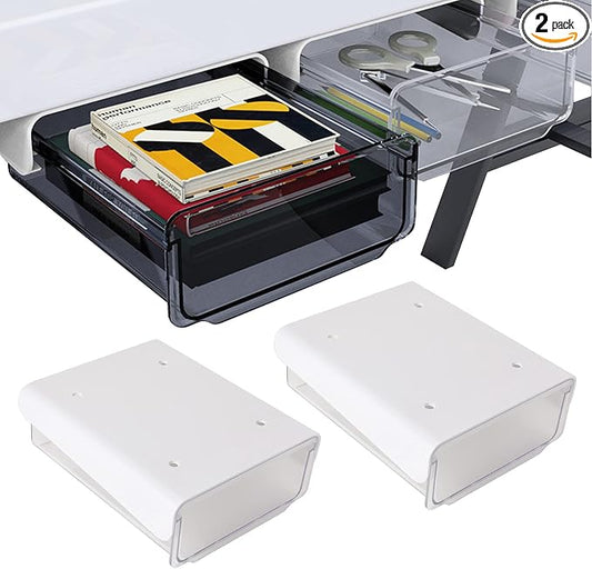 Self-adhesive Under Desk Drawer, 2 Packs Table Hidden Organizer Slide Out Large Storage Desktop Pencil Tray for Office Home School Kitchen (White), Matte White