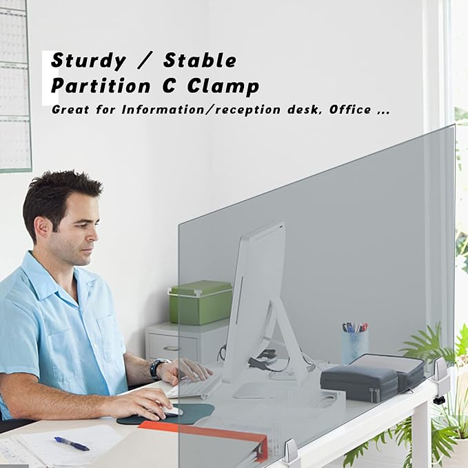 Sneeze Guard Support Clamp Partition Aluminum Adjustable Partition Clamp Acrylic Desk Divider Support Clamp Desk Shield Clamp Privacy Panel Clamp for Plexiglass Shield for Countertop Reception 4 Pack