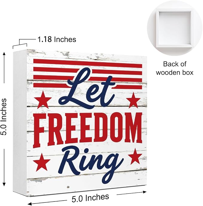 Patriotic Wooden Box Sign,Let Freedom Ring 4th Of July Signs Home Decor,Independence Memorial Day Block Sign for Desk Shelf Tabletop Decor