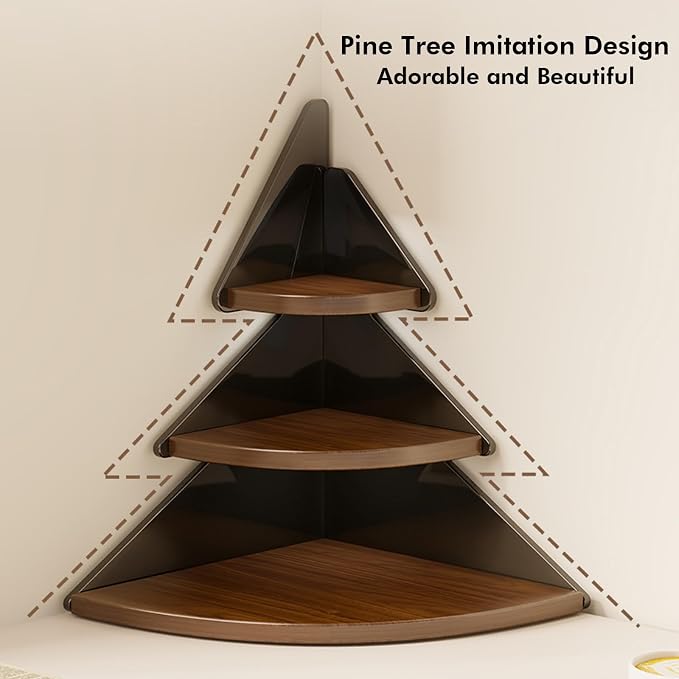 3-Tier Corner Desk Shelf, Solid Wood Desktop Organizer, Vintage Brown Corner Storage Table, Space Saving Freestanding Shelf for Bedroom, Home Office, Kitchen, Bathroom (Black,Pine)