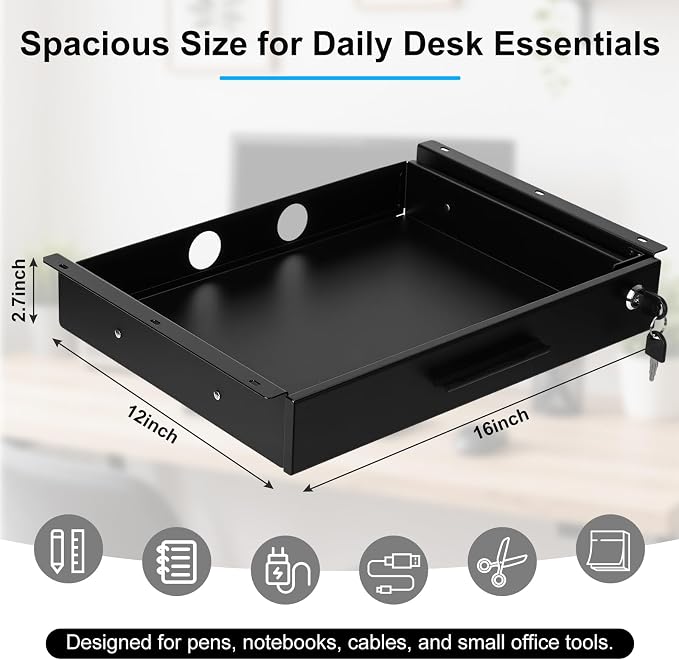 Menkxi 16'' x 12'' Under Desk Drawer Slide Out Storage Organizer, Lockable Metal Desk Drawer for Laptop and Office Accessories, Large Hidden Under Table Storage Box with Cable Management, Black