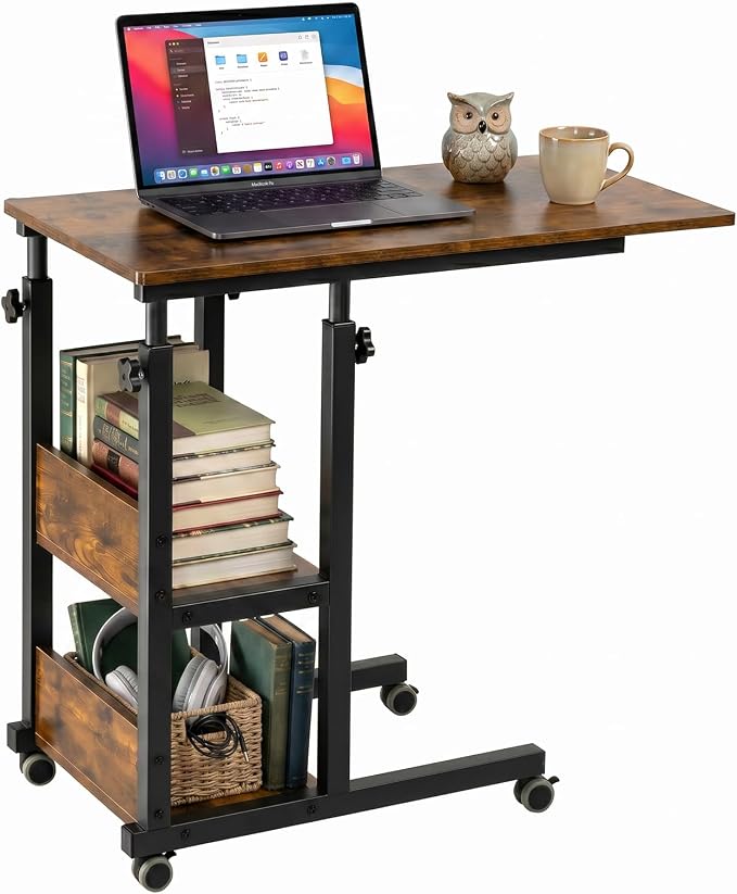 Hadulcet C Shaped Side Table Adjustable, Height Adjustable C Table with Wheels and Storage Shelves for Couch Bed Recliner Rustic Brown