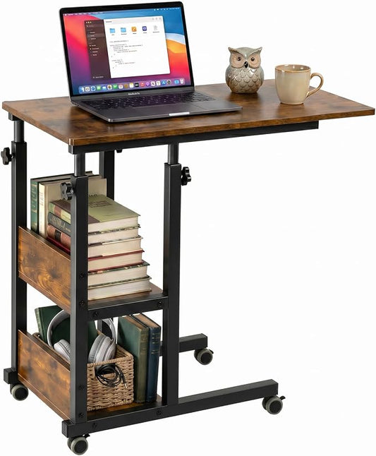 Hadulcet C Shaped Side Table Adjustable, Height Adjustable C Table with Wheels and Storage Shelves for Couch Bed Recliner Rustic Brown