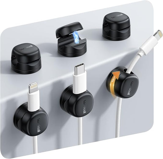 Lamicall 6 Pack Rotating Magnetic Cord Organizer Clips Cable Management - Adhesive Phone Charger Cord Holder for Desk Nightstand Wall Car RV, Office Home College Dorm Room Decor Accessories, Black