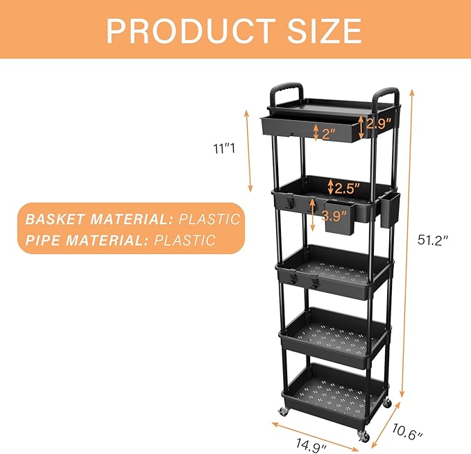 5 Tier Rolling Utility Cart with Drawer,REBECAT Utility Cart Made of Multifunctional Storage Organizer Tool for Kitchen,Bathroom,Living Room,Office(Black)