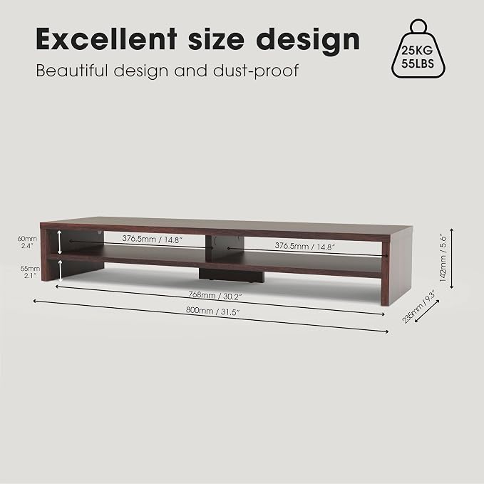 Fenge Monitor Stand, 31.5 Inch Computer Monitor Riser for Desk, 2 Tiers Wood Desk Shelf with Storage, Desktop Organizer for PC, Laptop, Screen, Printer