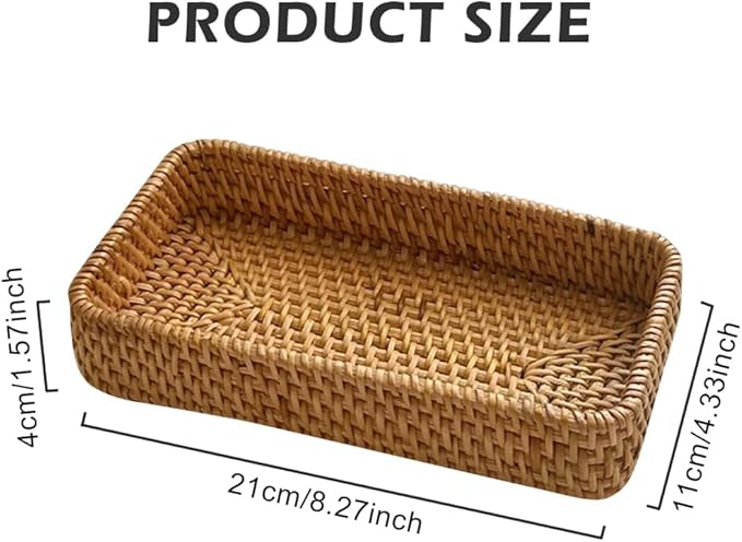‌Rattan Serving Tray & Vanity Storage Basket, Natural Wicker Display Tray for Keys, Jewelry, Cosmetics, Bathroom Countertop, Living Room, Entryway, Office