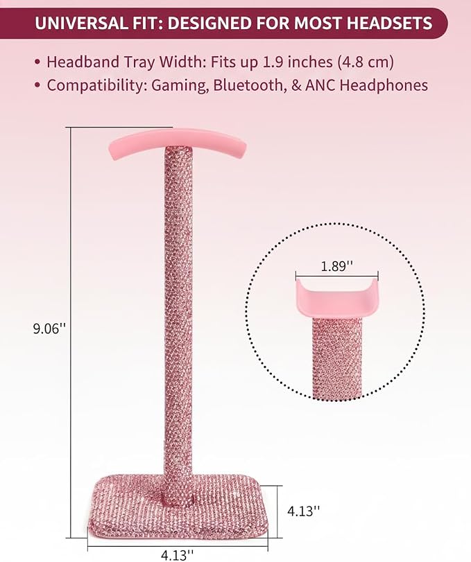 Cute Pink Headphone Stand for Desk - Rhinestone Bling Headset Holder with Soft Headrest, Sparkle Kawaii Desk Accessories for Gamer Girls & Women, Aesthetic Gift for Teen Girl Birthday (Crystal)