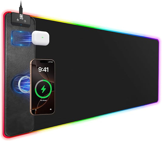 Mouse Pad with Magnetic Wireless Charging, Large Desk Pad Protector, RGB Black Desk Mat with 15W Fast Charger, Non-Slip Waterproof Mousepad for Office Home Gaming