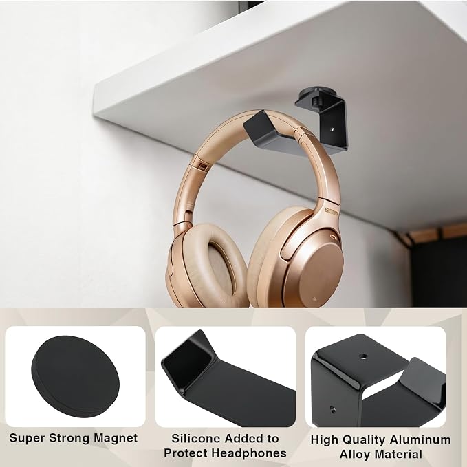 Haikole Magnetic Headphone Holder,2 Pack Acrylic Headset Hook, No Drilling Desk Mount for Gaming/Studio Headsets, Fits Sony/Bose,Quick Install Scratches-Free Rubber Base(2, Black)