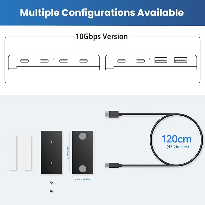 EJAY 10Gbps Magnetic USB-C Hub, 4-Port USB 3.2 Gen2 Desktop Hub with 47" Extra Long Cable, Aluminum USB C Splitter, Under Desk Mount Multi Port USB Hub for MacBook, PC, Surface, SSD, Black