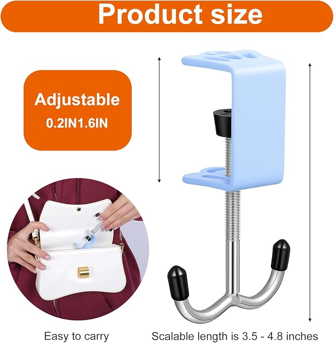 4 Pack Adjustable Purse Hooks for Table & Desk, Double-Hooks Heavy-Duty Backpack Hanger 100lb Capacity High-Strength Metal Bag Holder Space-Saving Desk Organizer for Handbag Headphone Umbrellas