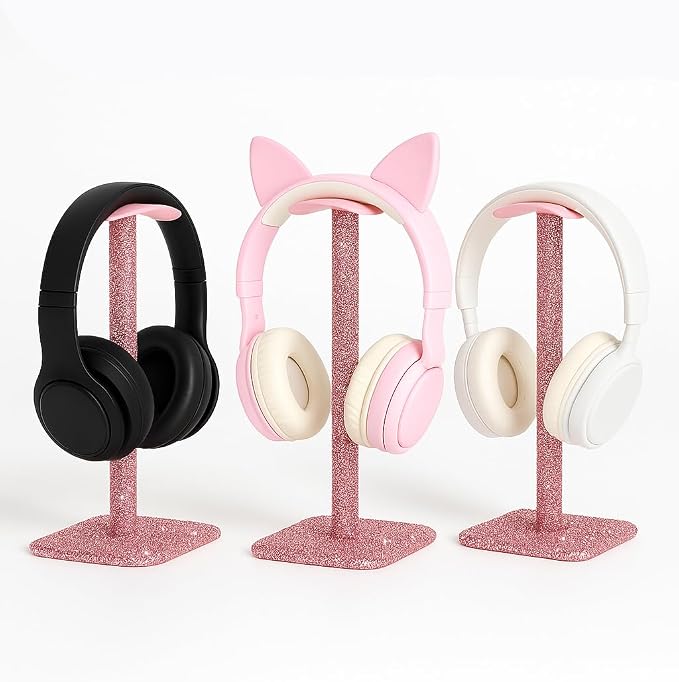 Cute Pink Headphone Stand for Desk - Rhinestone Bling Headset Holder with Soft Headrest, Sparkle Kawaii Desk Accessories for Gamer Girls & Women, Aesthetic Gift for Teen Girl Birthday (Crystal)
