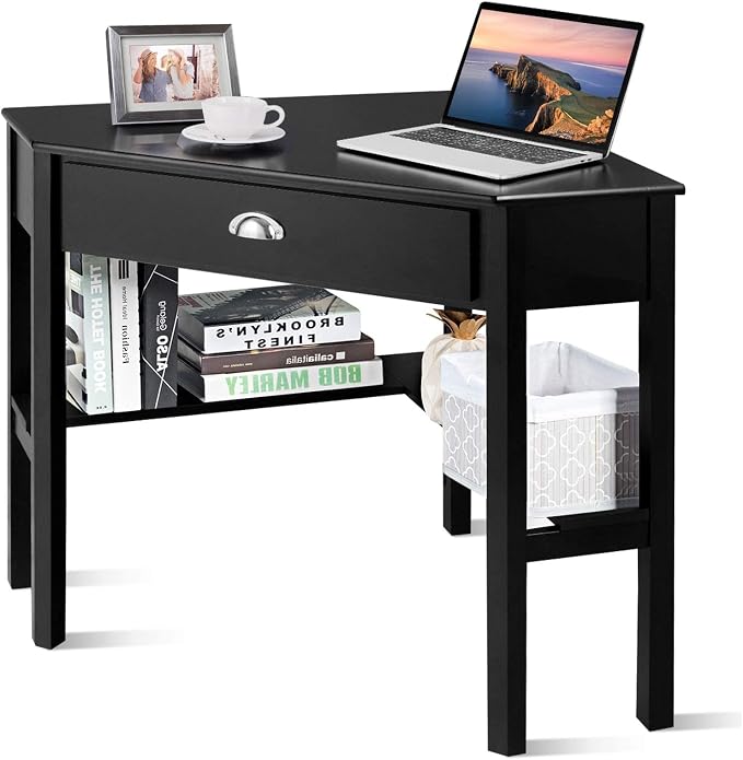 LDAILY Corner Desk, Triangle Corner Computer Desk for Small Space, Compact Writing Desk with Storage Shelves & Drawer, Space Saving Small Makeup Vanity Desk for Bedroom, Home Office, Black