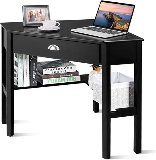 LDAILY Corner Desk, Triangle Corner Computer Desk for Small Space, Compact Writing Desk with Storage Shelves & Drawer, Space Saving Small Makeup Vanity Desk for Bedroom, Home Office, Black