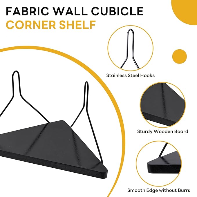 Fabric Wall Cubicle Corner Shelf with Hooks 11.8 Inch Wooden Triangular Cubicle Corner Shelf for Office Fabric Walls Display Storage Hanging Organizer for Work Decor Small Planter(Black，1 PCS)