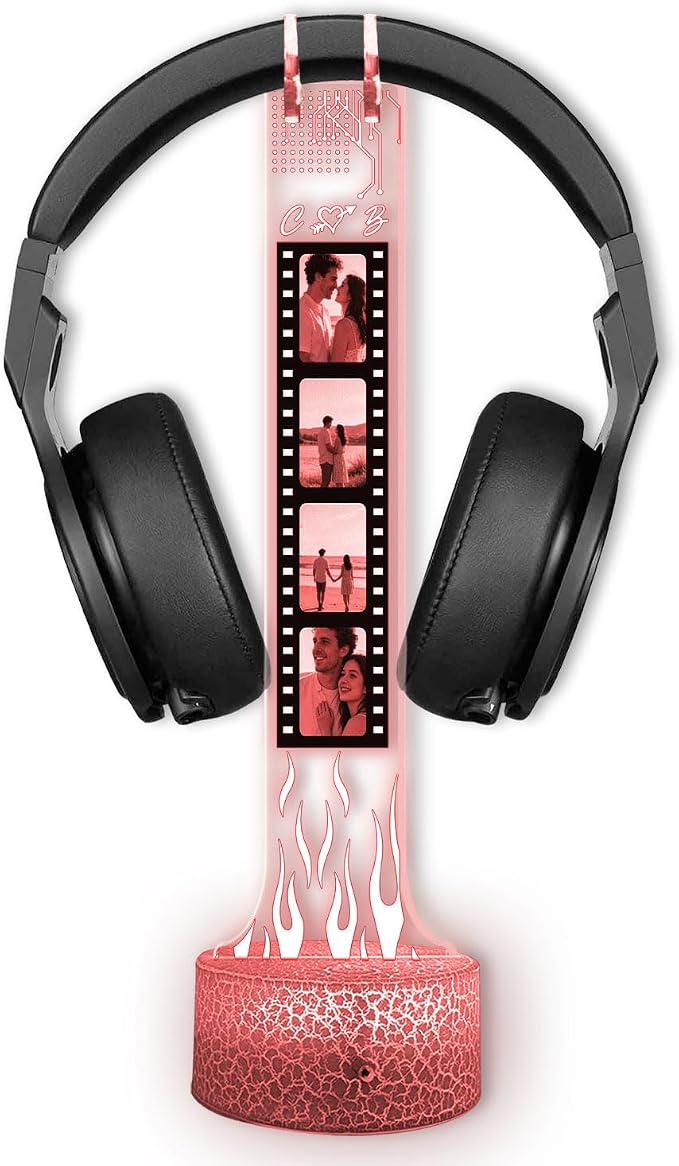 Personalized RGB LED Headphone, Custom Couple Photo Headset Holder, Gaming Decor Gift for Boyfriend, Valentines Day Gift for Him, Custom Couple Gifts, Gifts for Gamers, Photo Headphone