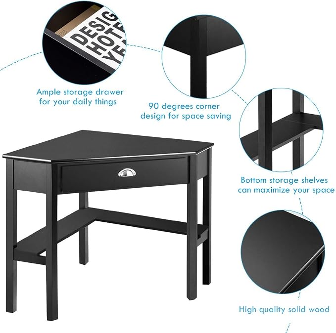Tangkula Corner Desk, Corner Computer Desk with Drawer for Small Space, Small Corner Makeup Vanity Desk, 90 Degrees Triangle Corner Desk with Storage Shelves