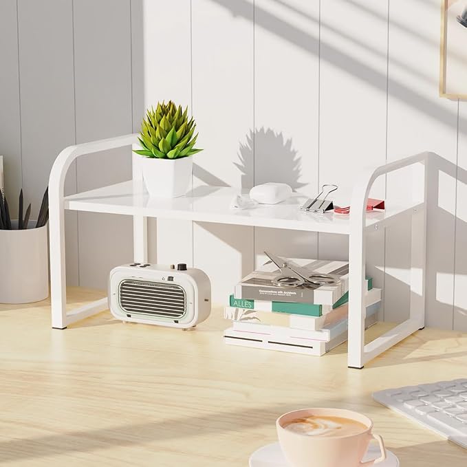 Office Desk Shelf Organizer, Wood Desktop Bookshelf Supplies Storage Rack Shelf for Top Desk Dresser and Cubicle Decor Bookshelf Monitor Stand Riser (White White-single Tier, 15.75 Lx7.87 Wx8.46 H)