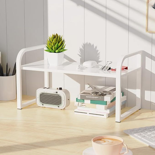 Office Desk Shelf Organizer, Wood Desktop Bookshelf Supplies Storage Rack Shelf for Top Desk Dresser and Cubicle Decor Bookshelf Monitor Stand Riser (White White-single Tier, 15.75 Lx7.87 Wx8.46 H)