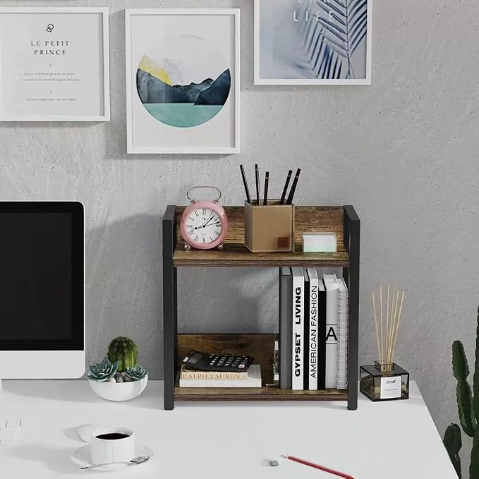 Office Desk Shelf Organizer, Wood Desktop Bookshelf Supplies Storage Rack, Shelf for Top of Desk and Dresser and Cubicle Decor Aesthetic Bookshelf (Bamboo, Small 12.9" Lx6.3 Wx10.2 H)